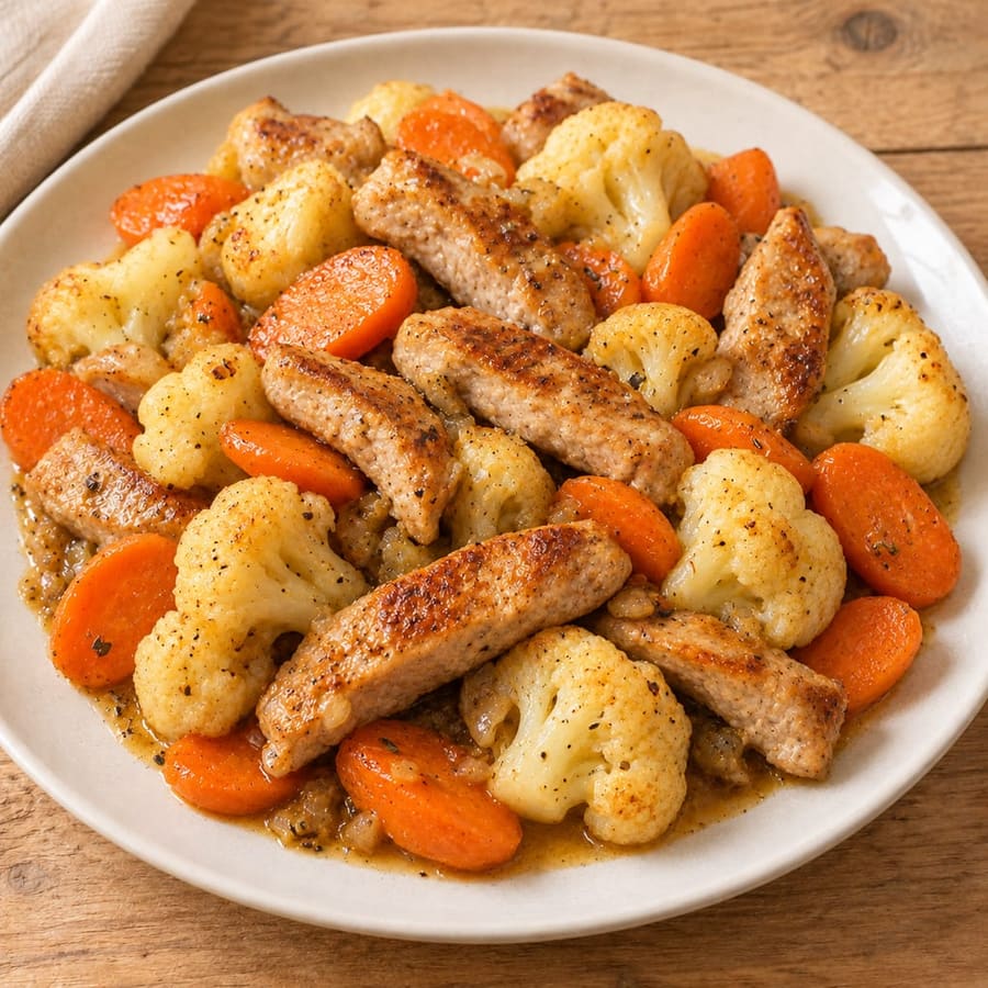 Schweinelachs-Pfanne mit Blumenkohl und Karotten