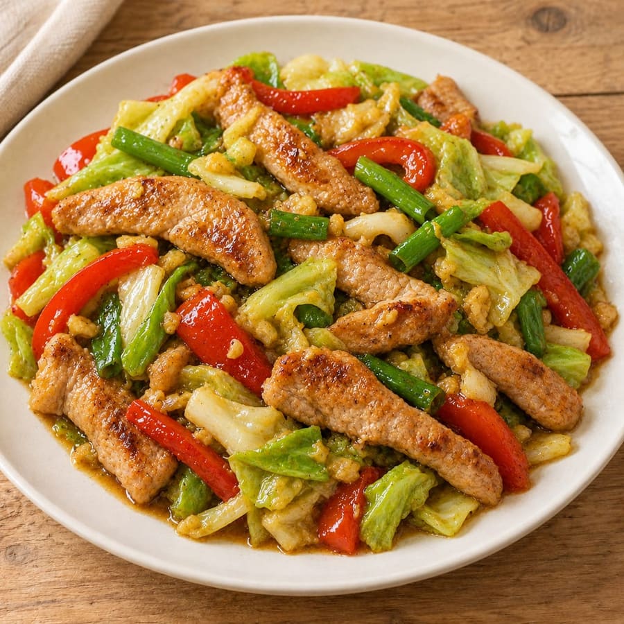 Schweinefleisch aus der Pfanne mit Kohl, Paprika und Sojasauce