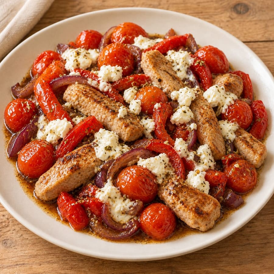Schweinelachs-Pfanne mit Kirschtomaten, Paprika und Feta-Joghurt