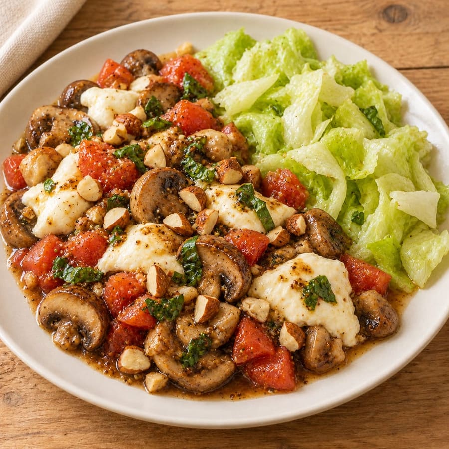 Gebratene Champignons mit Tomate und Mozzarella auf Salat