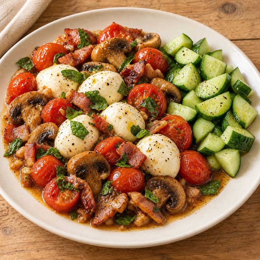 Gebratene Champignons mit Mozzarella, Kirschtomaten und Gurke