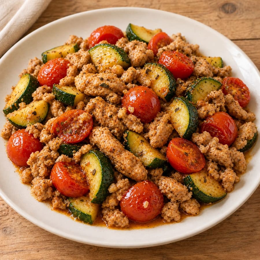Putenhack-Pfanne mit Zucchini und Kirschtomaten