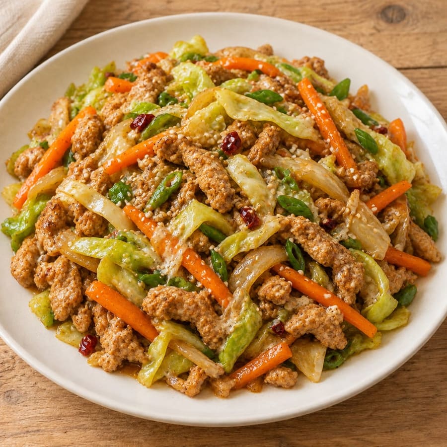 Putenhack-Pfanne mit Weißkohl und Karotten, dazu Mayosauce