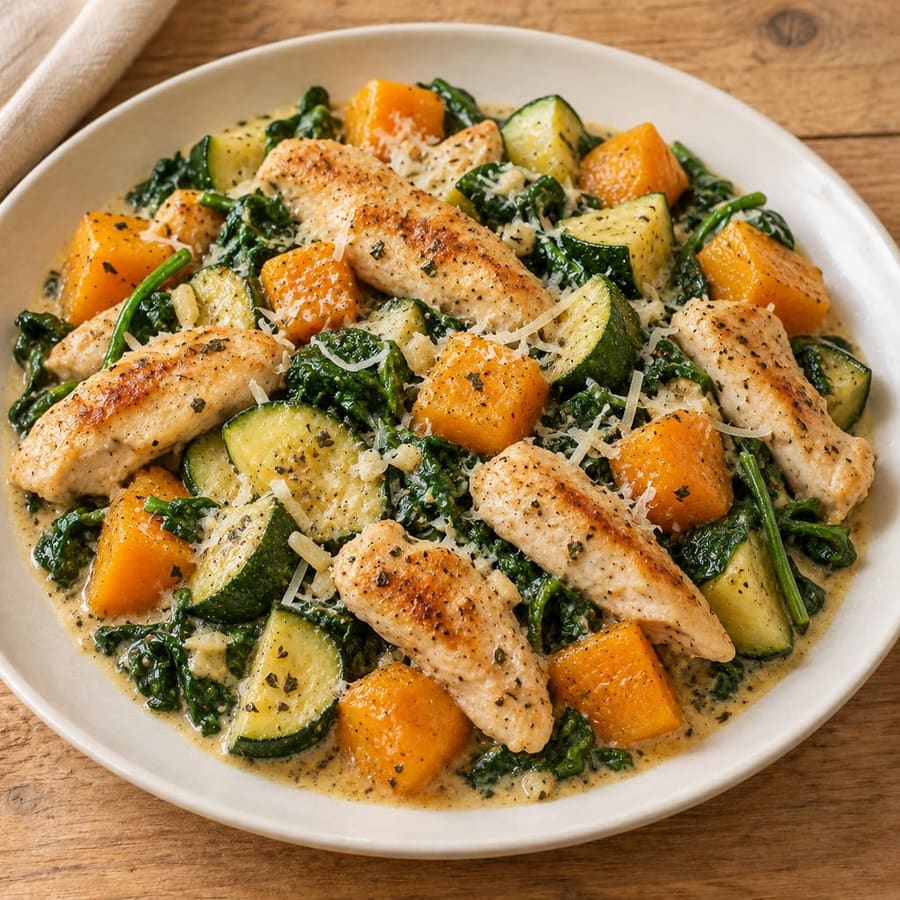 Cremige Hähnchenpfanne mit Kürbis, Zucchini und Spinat