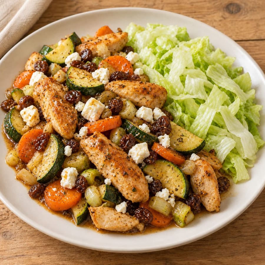 Hähnchenpfanne mit Zucchini, Karotten und Eisbergsalat