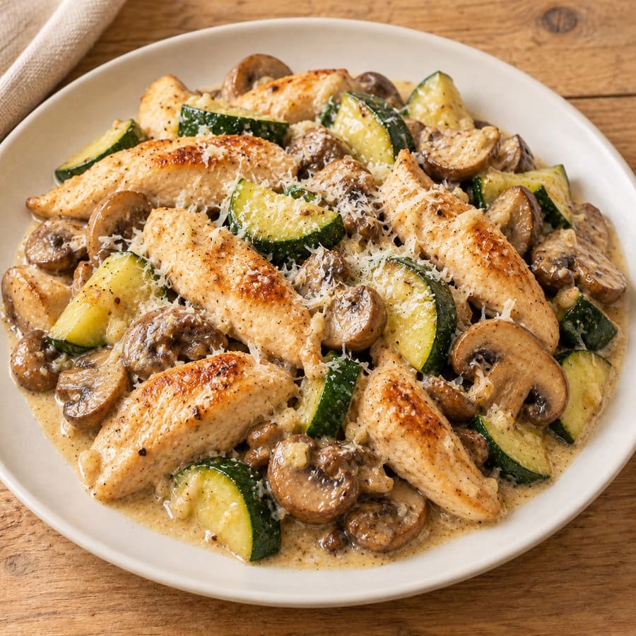 Cremige Hähnchenpfanne mit Champignons und Zucchini