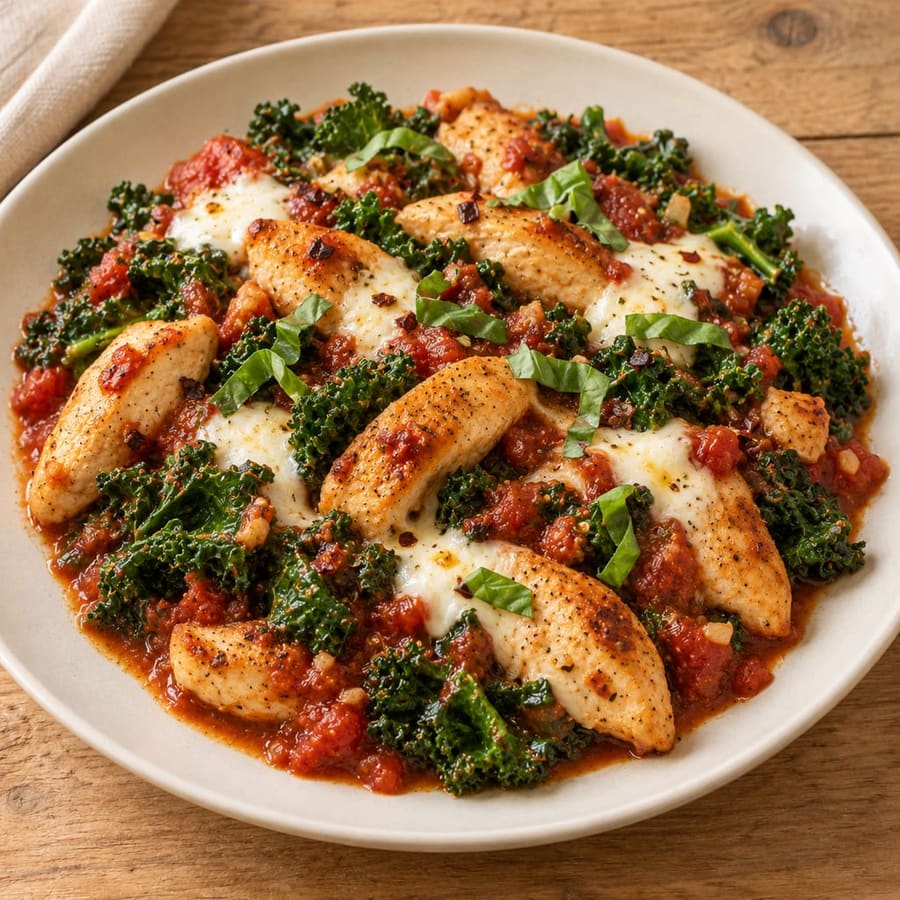 Hähnchen mit Grünkohl in scharfer Tomatensauce und Mozzarella