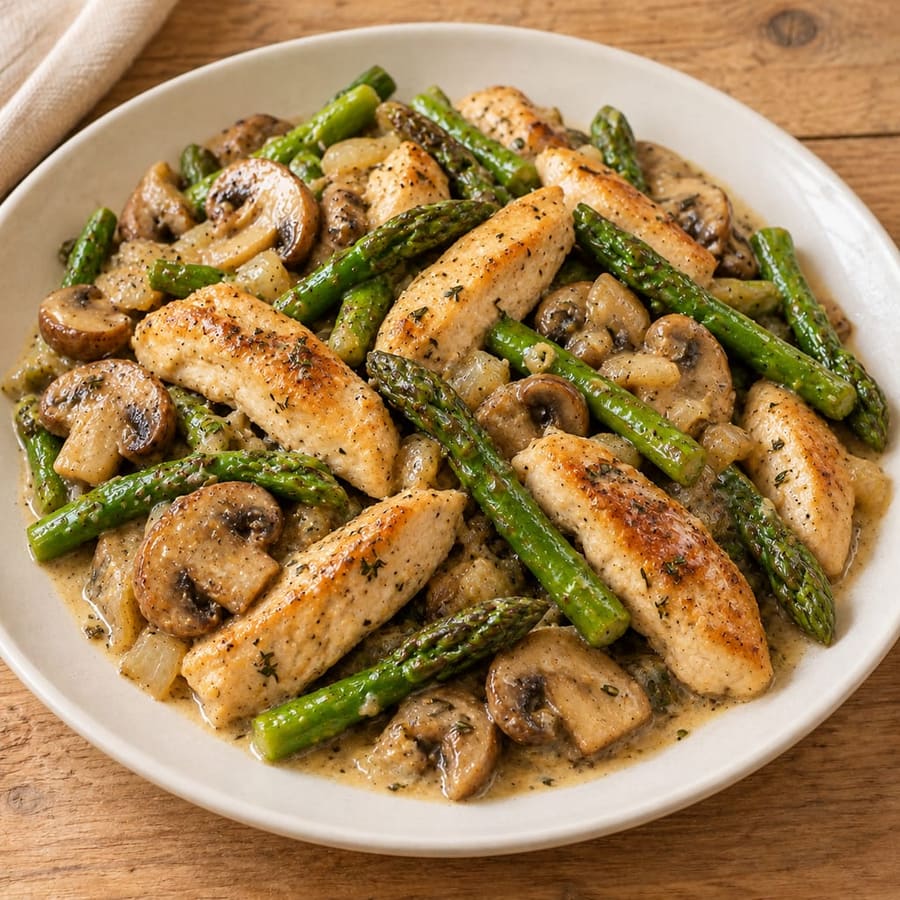 Cremiges Hähnchen mit grünem Spargel und Champignons