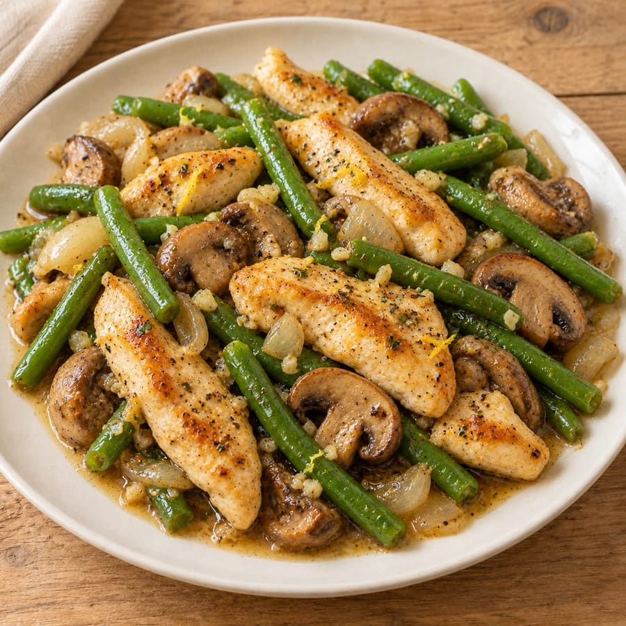 Zitronen-Hähnchenpfanne mit grünen Bohnen und Champignons