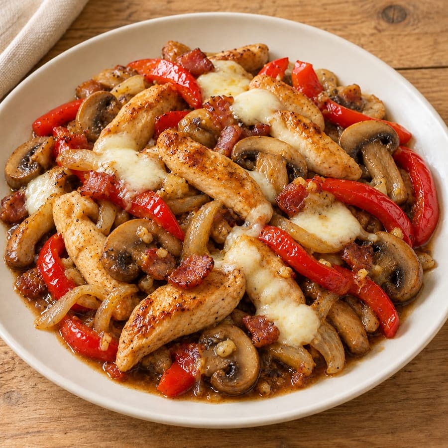 Hähnchenpfanne mit Paprika, Champignons und frischer Mozzarella