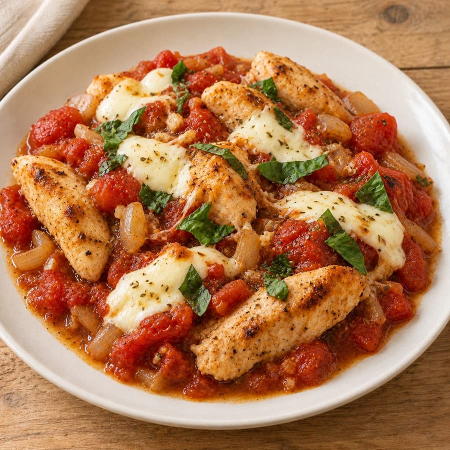 Hähnchenpfanne mit Tomaten, Balsamico und Mozzarella