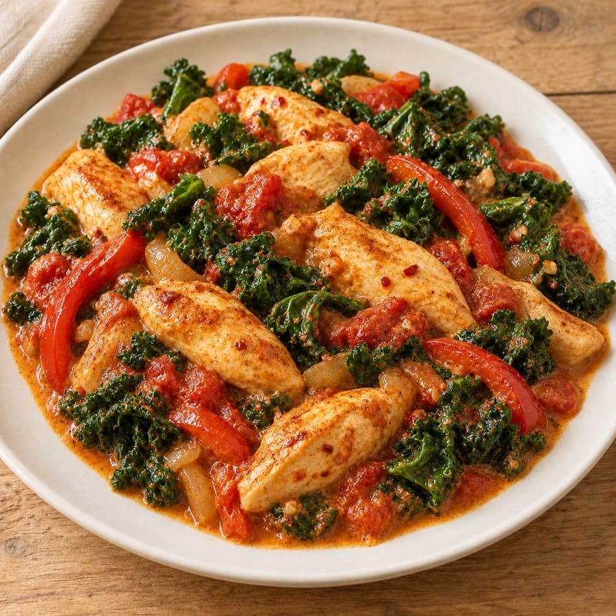 Hähnchenpfanne mit Paprika, Grünkohl und cremiger Tomatensauce