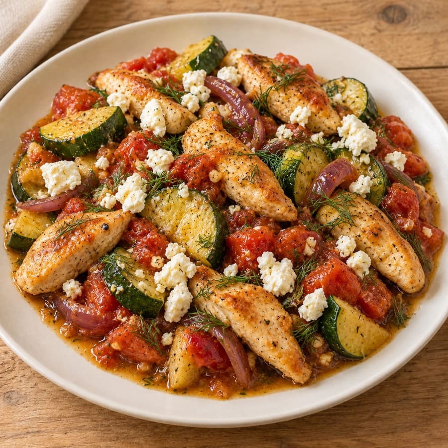 Hähnchenpfanne mit Tomate, Zucchini und Feta