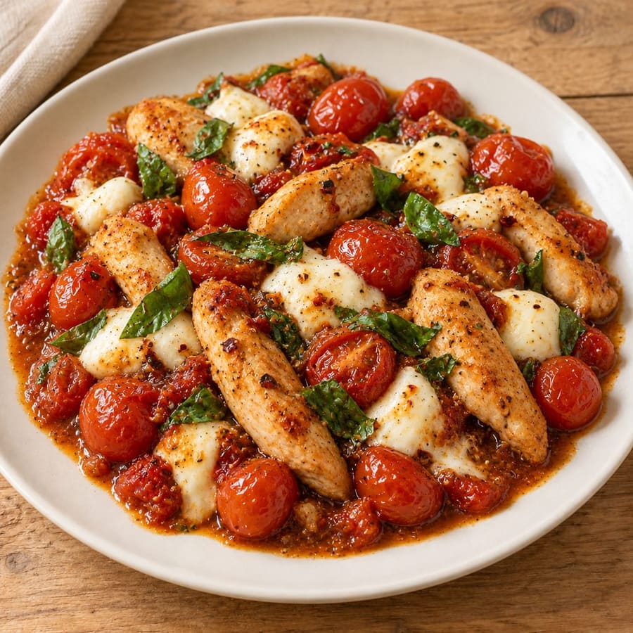 Gebratene Hähnchenpfanne mit Kirschtomaten und Mozzarella