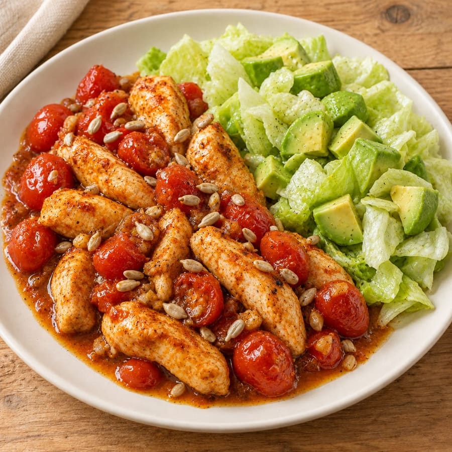 Hähnchenpfanne mit Kirschtomaten und Avocado