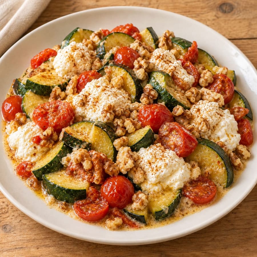 Zucchinipfanne mit Kirschtomaten und cremigem Ricotta