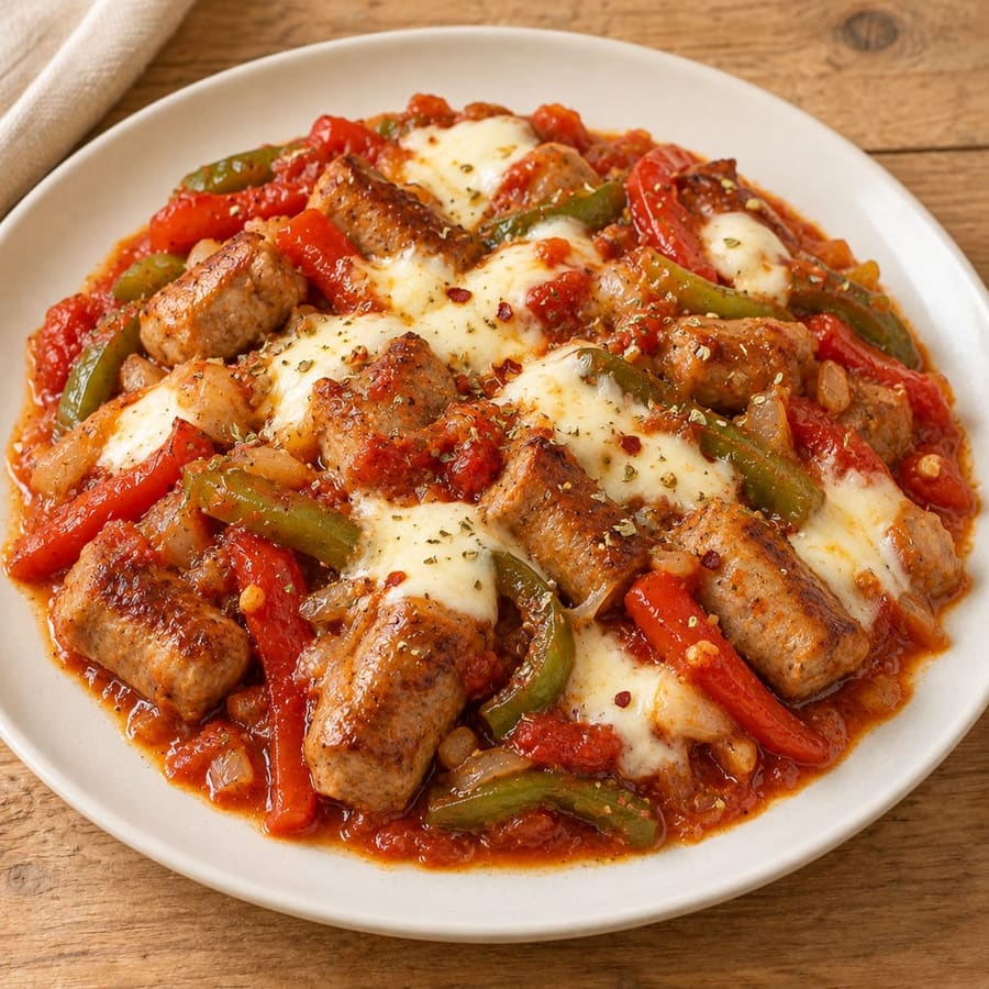 Bratwurstpfanne mit Paprika und Tomatensauce, mit Mozzarella überbacken
