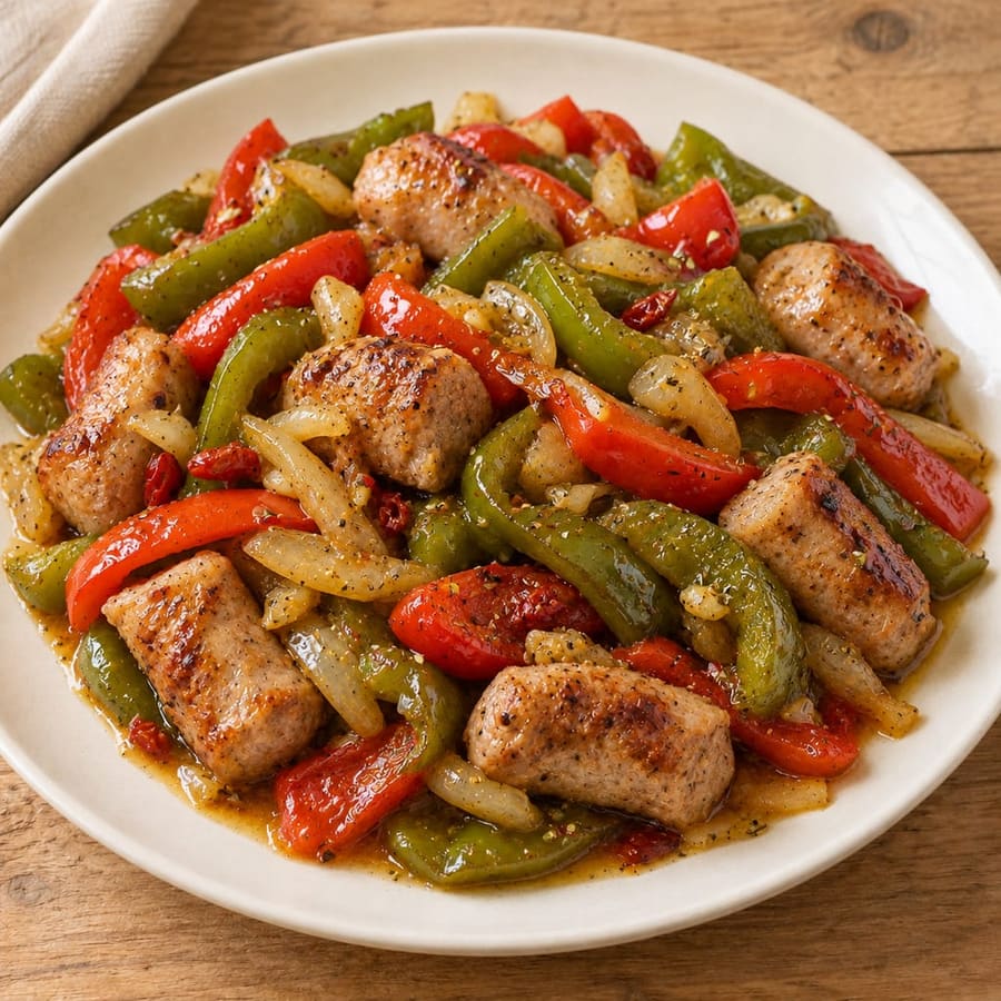 Frische Schweinswürstchen mit geschmorter Paprika