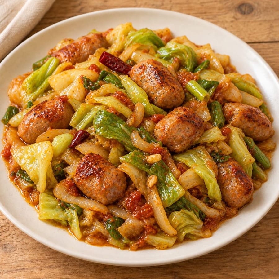 Bratwurstpfanne mit Weißkohl in Tomatensauce