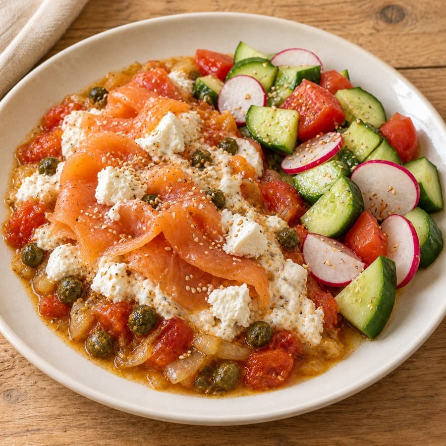 Räucherlachs mit gebratenen Tomaten, Gurke und Radieschen