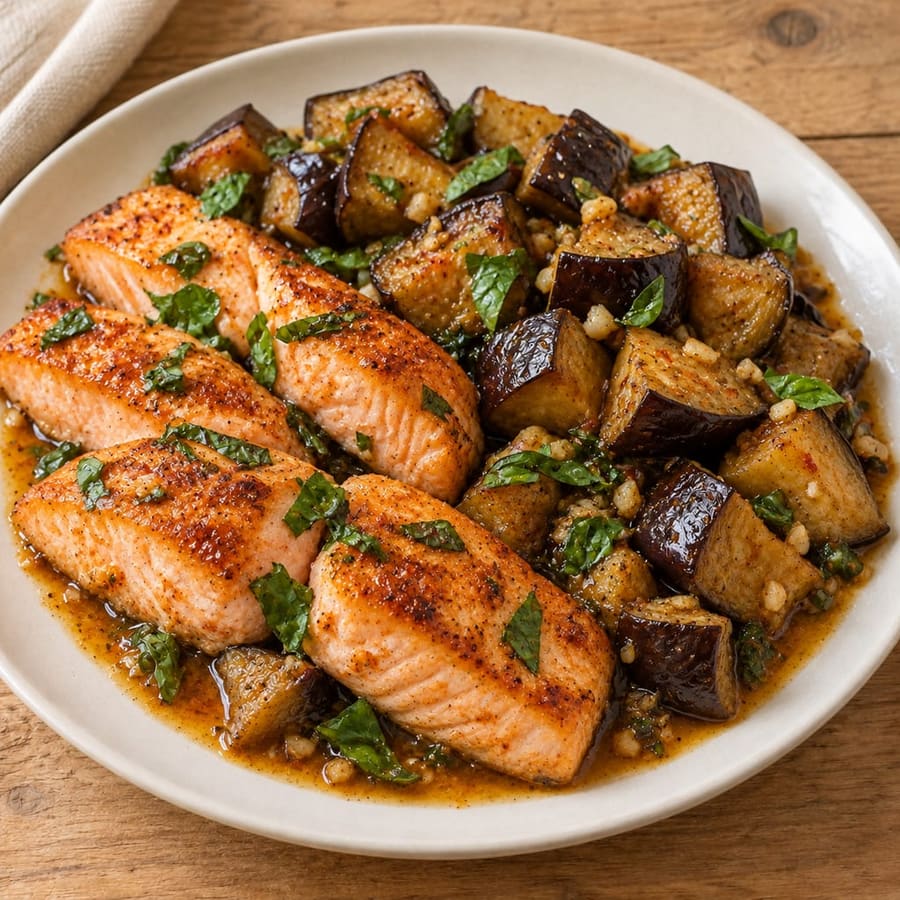 Gebratener Lachs mit Kreuzkümmel-Aubergine