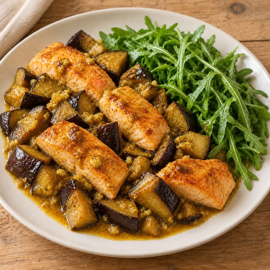 Gebratener Lachs mit Aubergine und Rucola