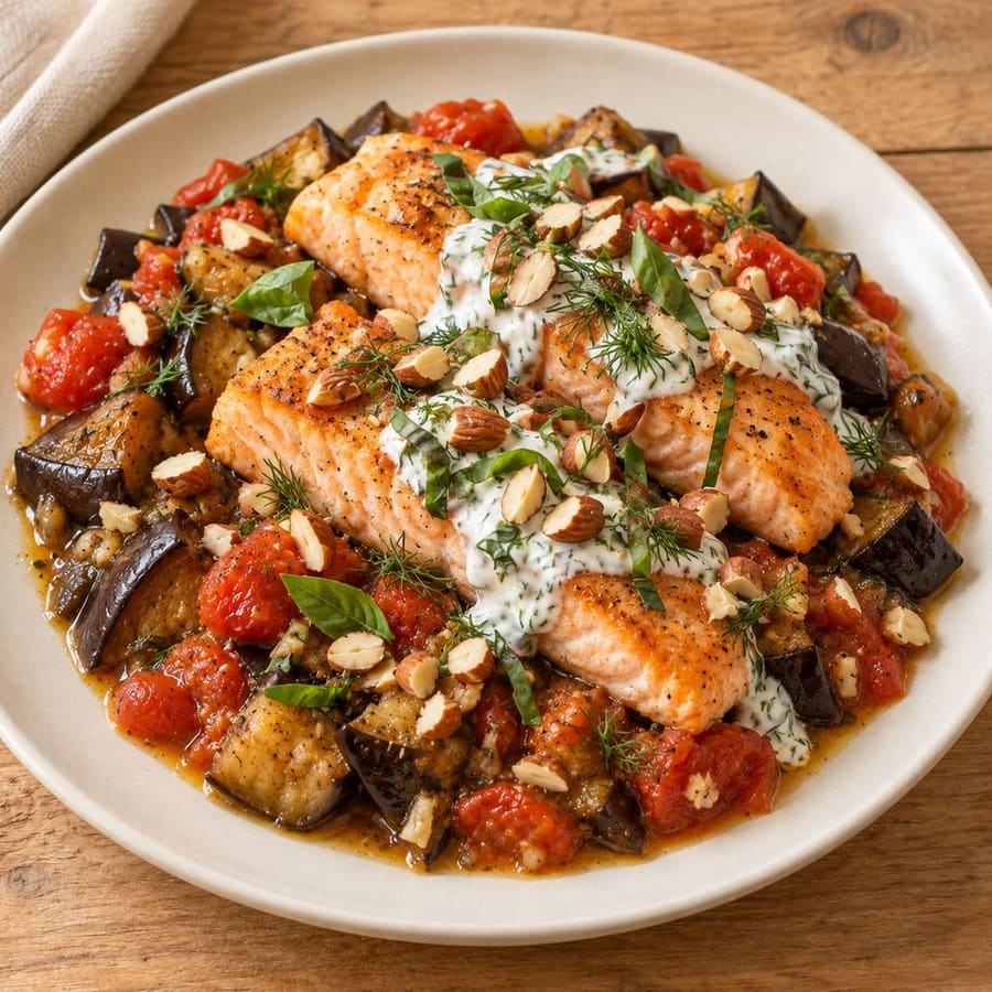 Lachs mit Aubergine, Tomate und Joghurtsauce