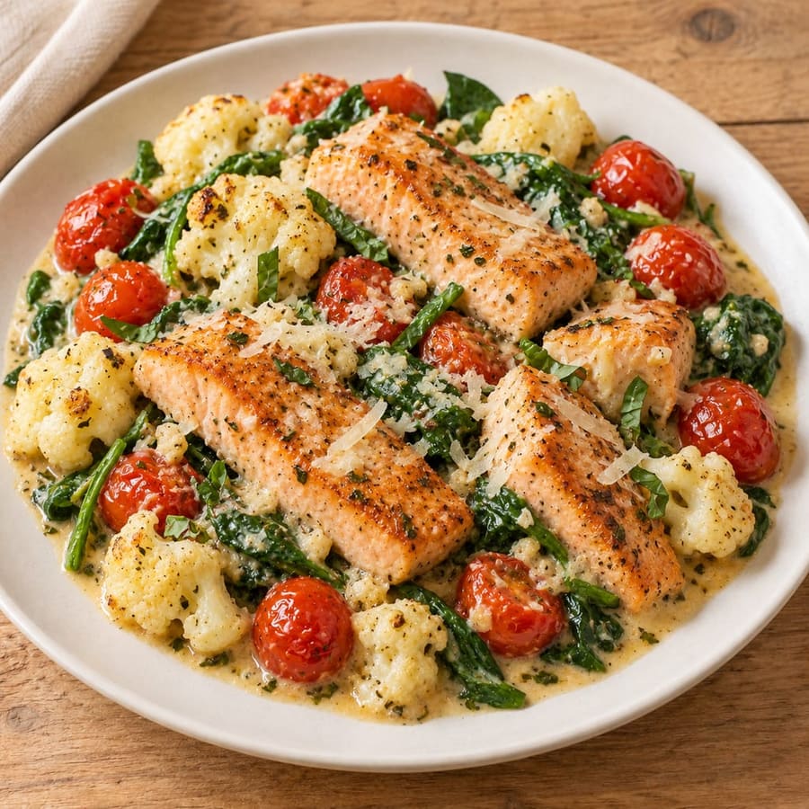 Cremiger Lachs mit Blumenkohl, Kirschtomaten und Spinat