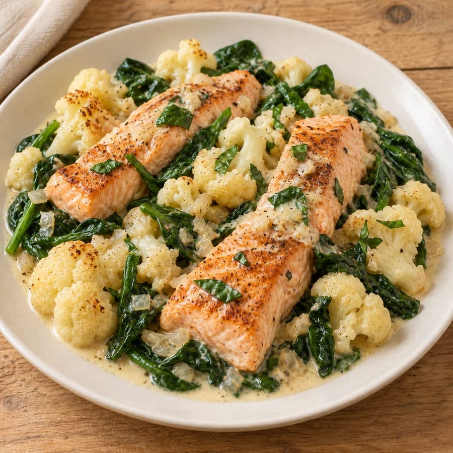 Lachs mit Blumenkohl und Spinat in Sahnesauce