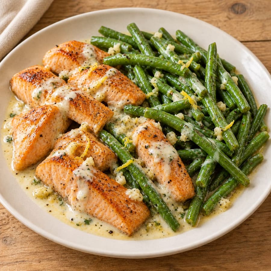 Gebratener Lachs mit grünen Bohnen und Zitronen-Joghurt-Sauce