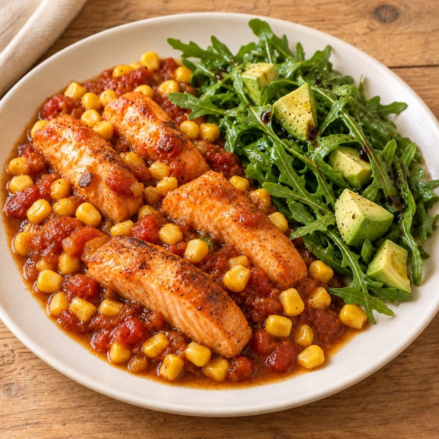 Lachs-Pfanne mit Mais und Rucola nach mexikanischer Art