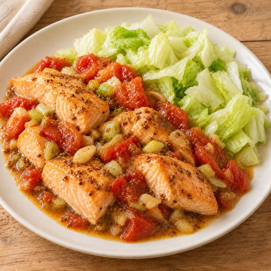 Gebratener Lachs mit Tomate und Dijon-Senf auf Eisbergsalat