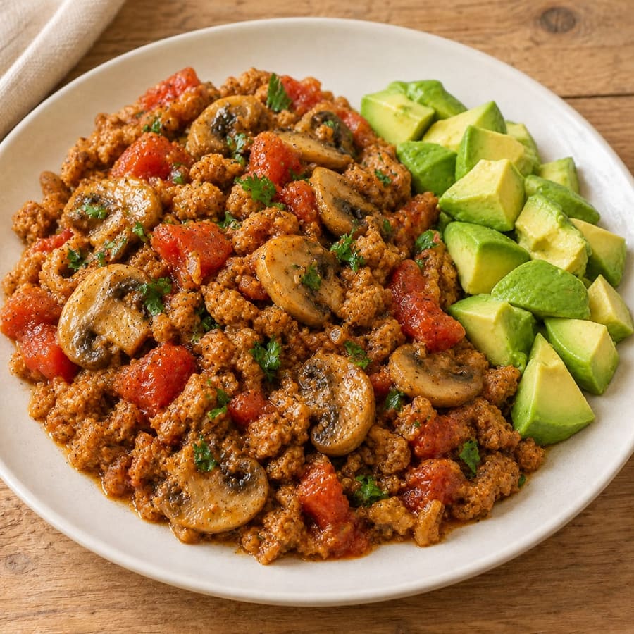 Texturiertes Soja mit Champignons und Tomaten aus der Pfanne