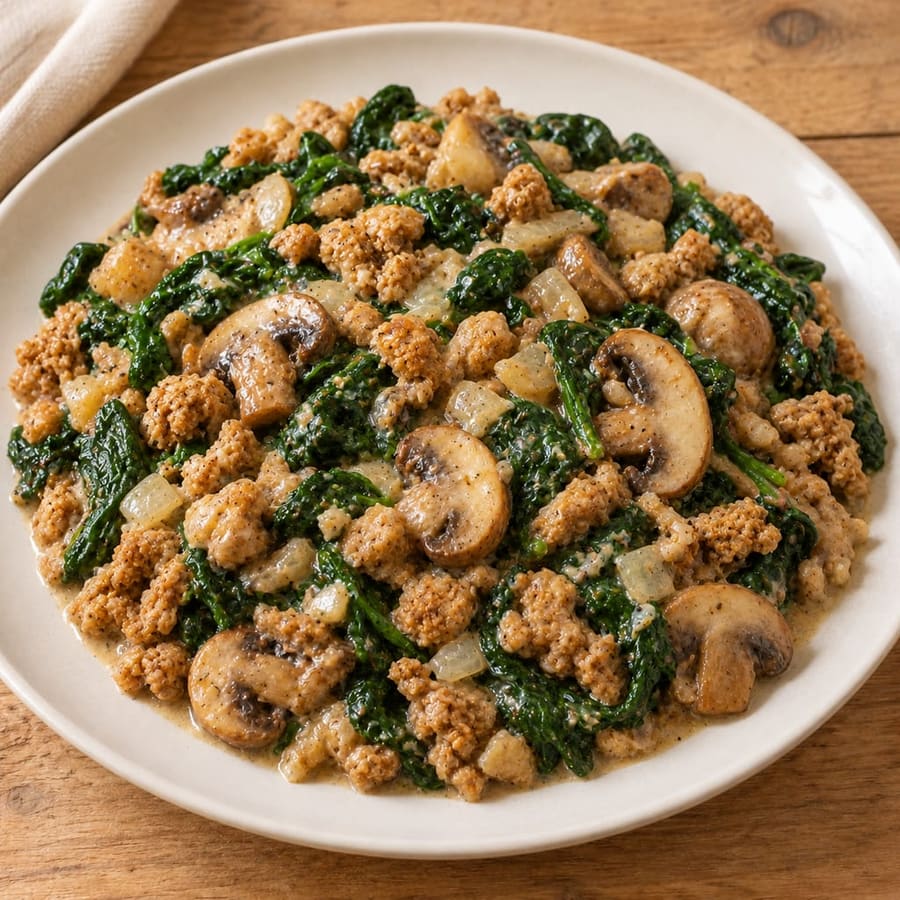 Texturiertes Soja mit Spinat und Champignons in Sahnesauce