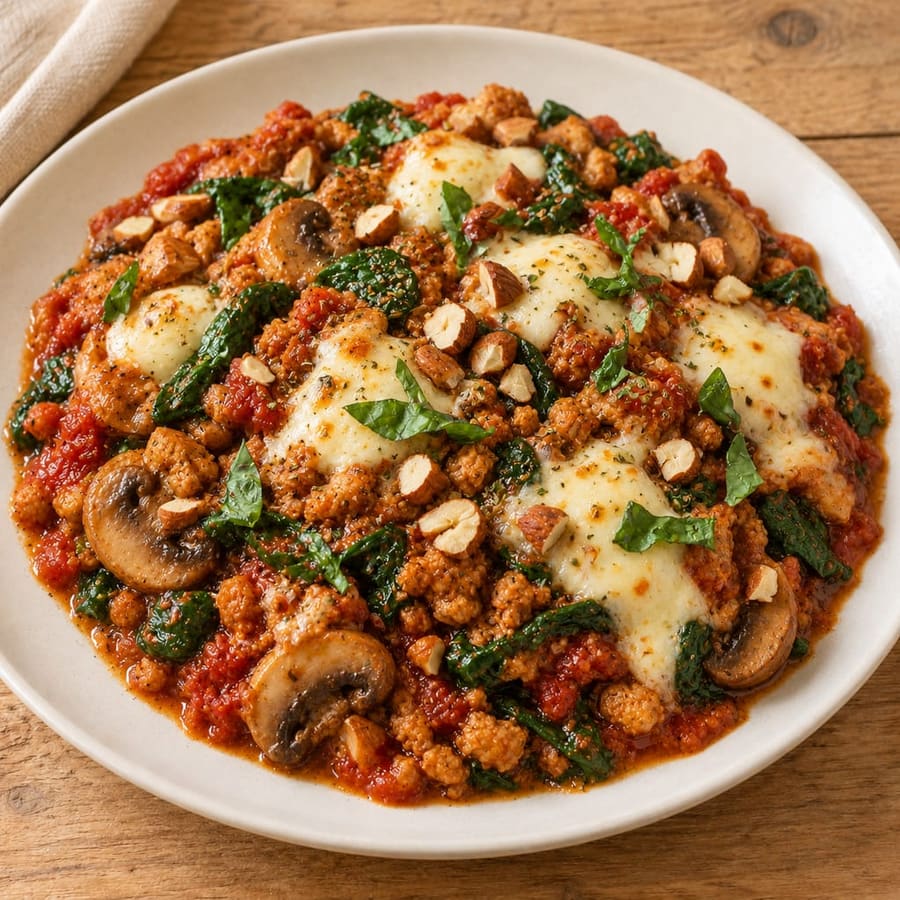 Texturiertes Soja-Ragout mit Pilzen und Spinat