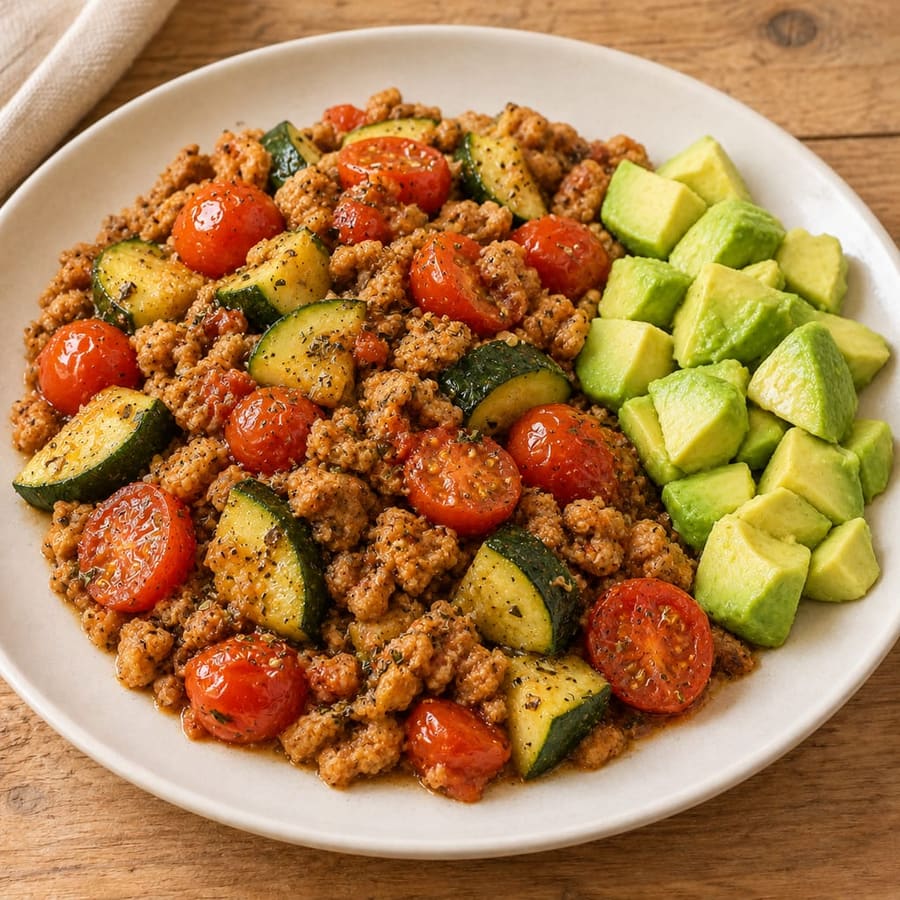 Pfanne mit Soja-Granulat, Kirschtomaten und Zucchini