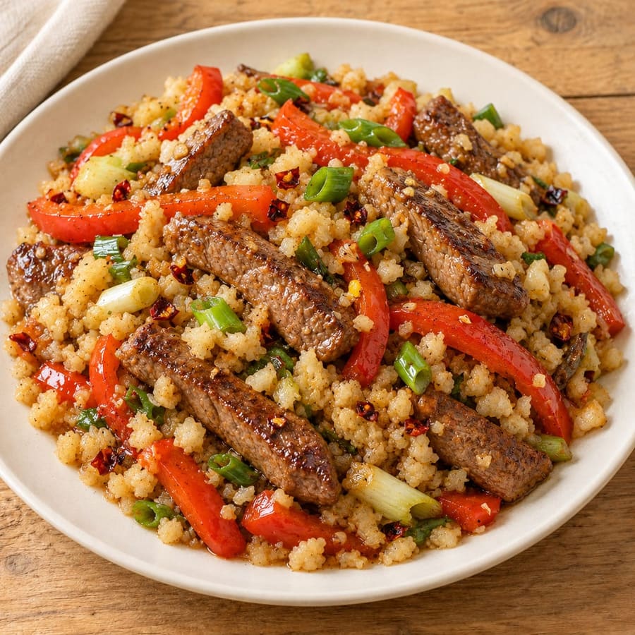 Rindfleisch-Pfanne mit Blumenkohlreis und Paprika