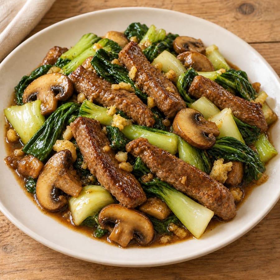 Rindfleisch-Pfanne mit Pak Choi und Champignons