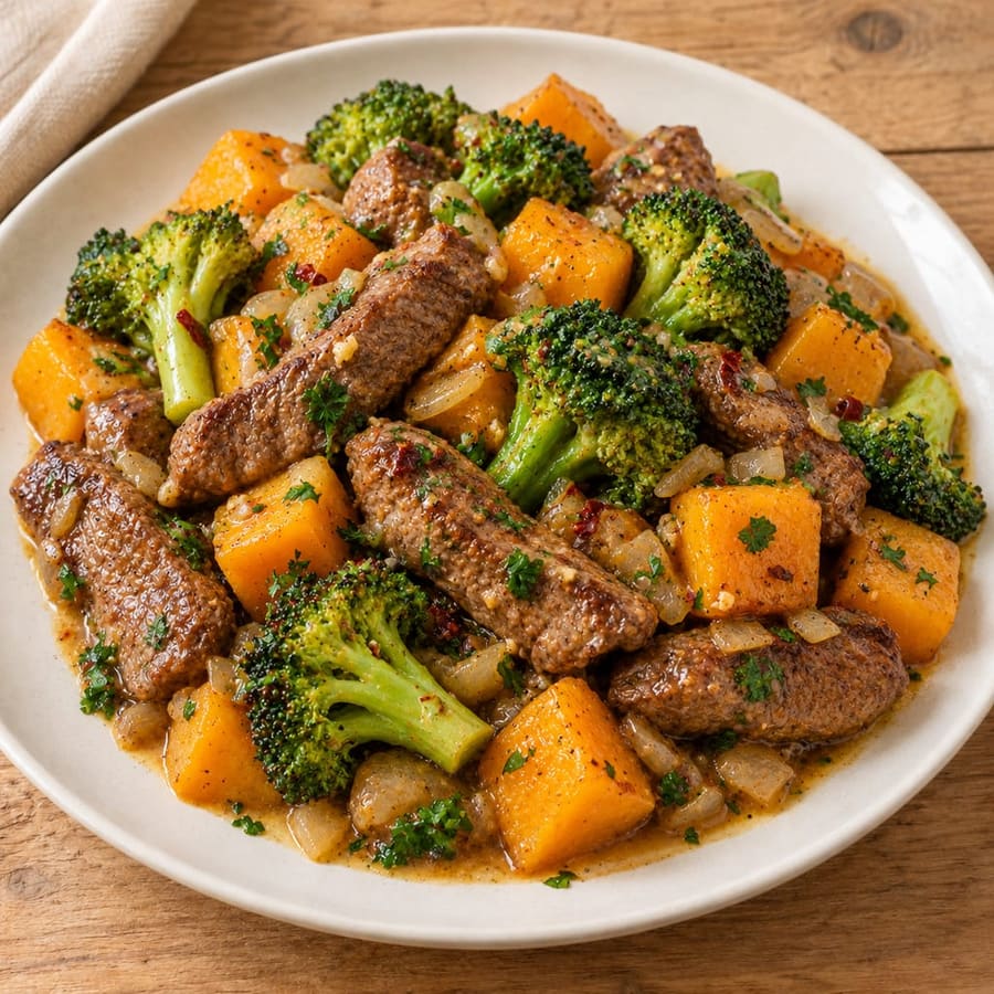 Rindfleisch-Pfanne mit Brokkoli und Butternusskürbis