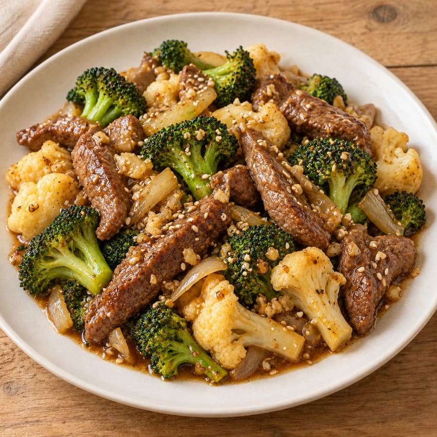 Rindfleisch-Pfanne mit Brokkoli, Blumenkohl und Miso