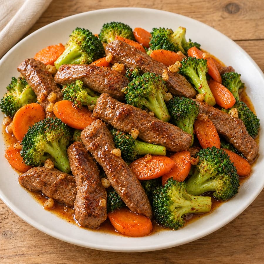 Rindfleisch-Pfanne mit Brokkoli und Karotten