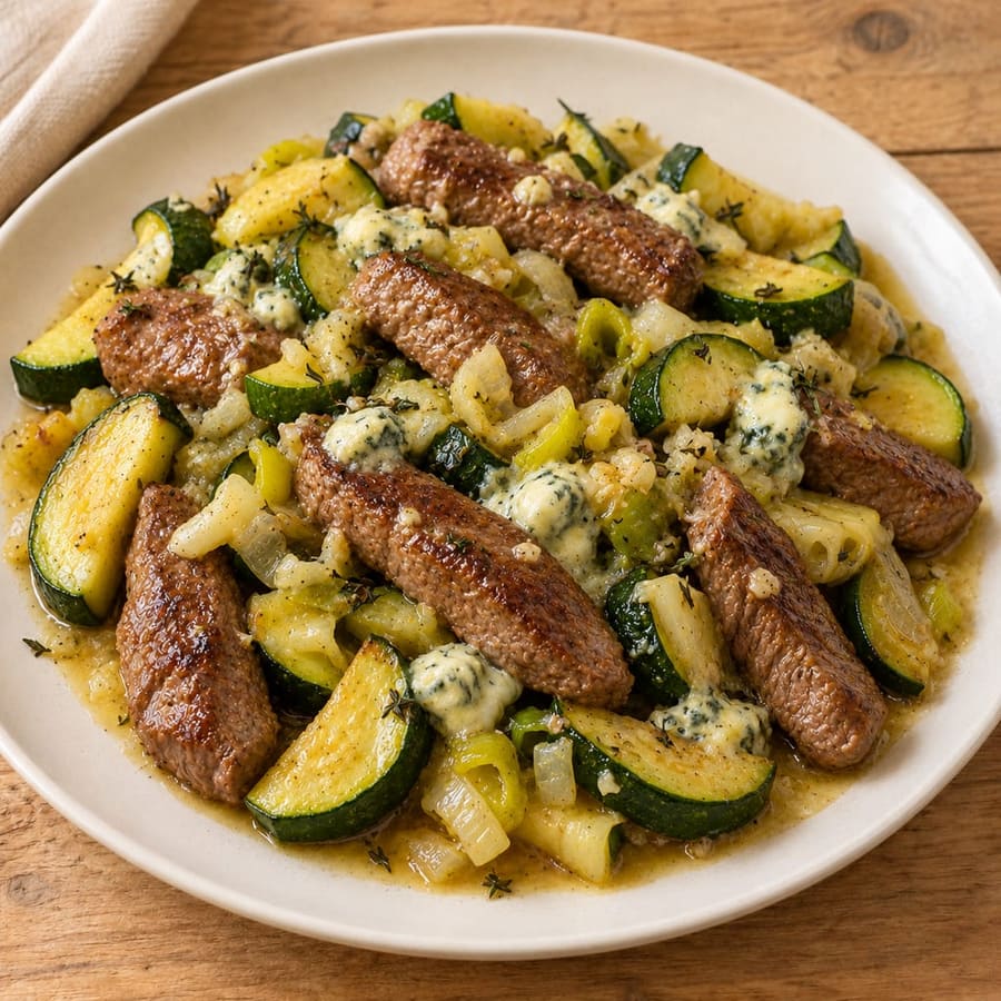 Rindfleischpfanne mit Zucchini, Lauch und Zitrone