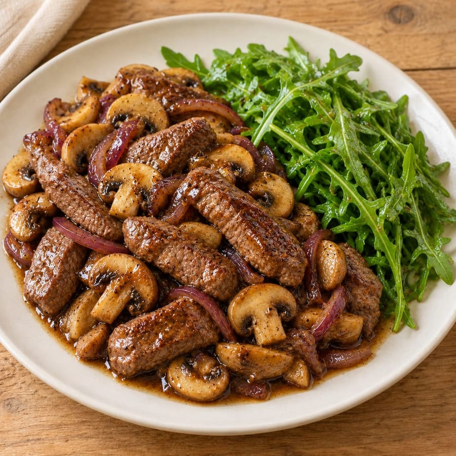 Rindersteakstreifen mit Champignons und Rucola in Balsamico