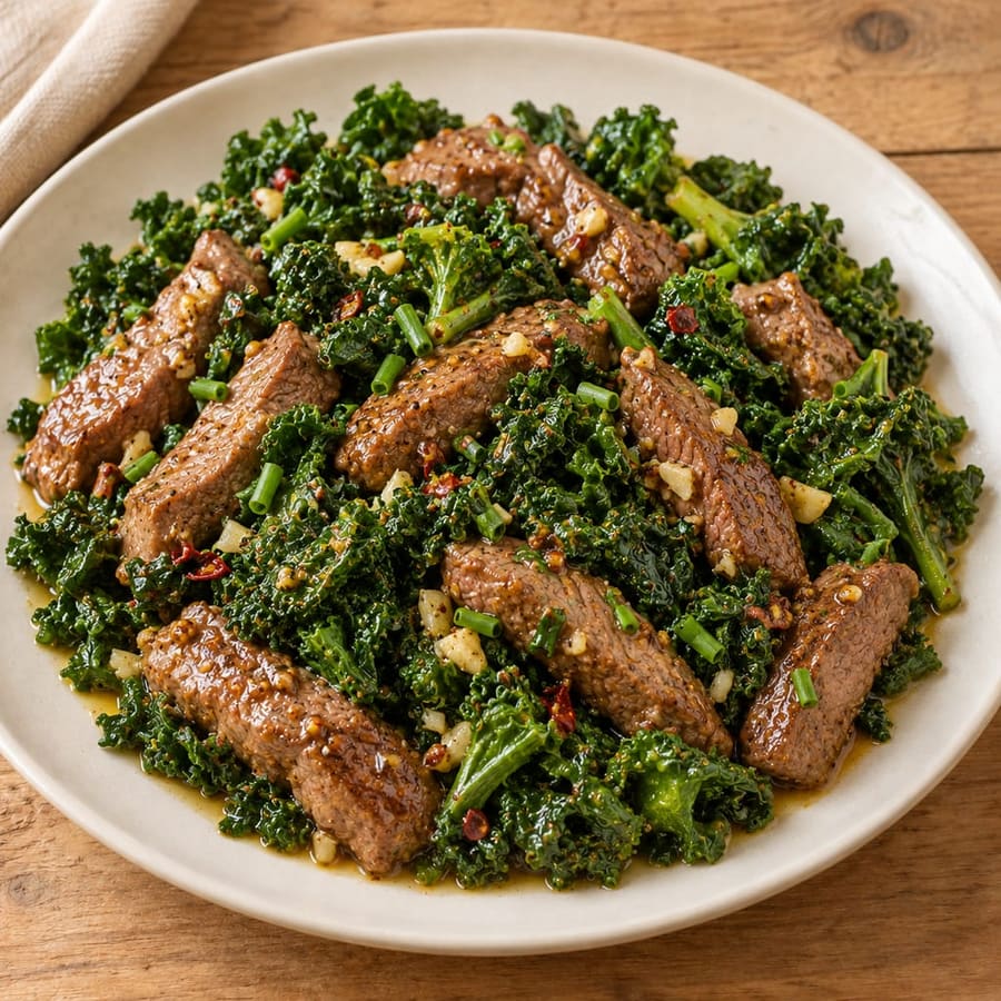 Rindfleisch-Pfanne mit Grünkohl und Dijon-Senf