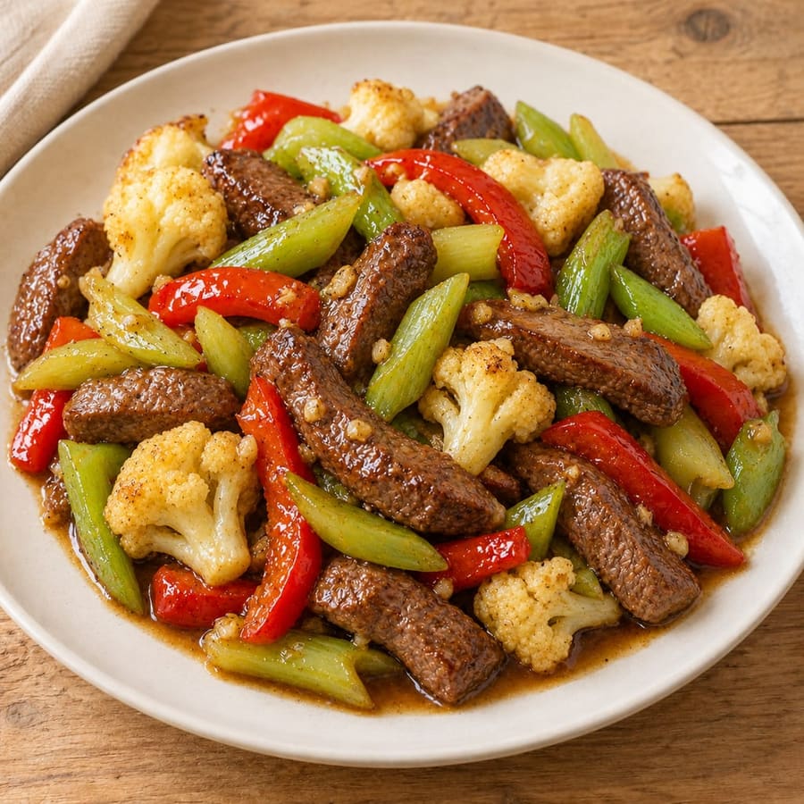 Rindfleisch-Pfanne mit Blumenkohl, Sellerie und Paprika