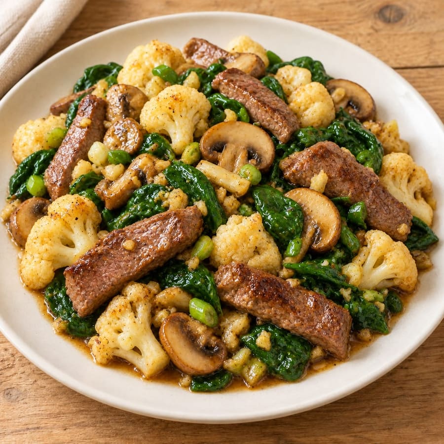 Rindfleisch-Pfanne mit Blumenkohl, Champignons und Spinat