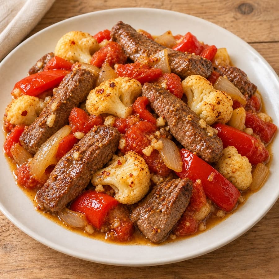 Rindfleisch-Pfanne mit Blumenkohl, Paprika und Dijon-Senf