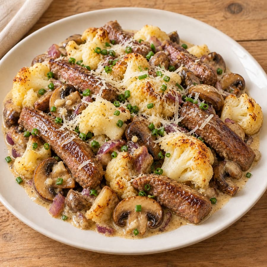 Rindfleisch-Pfanne mit Blumenkohl und Champignons in Sahnesauce