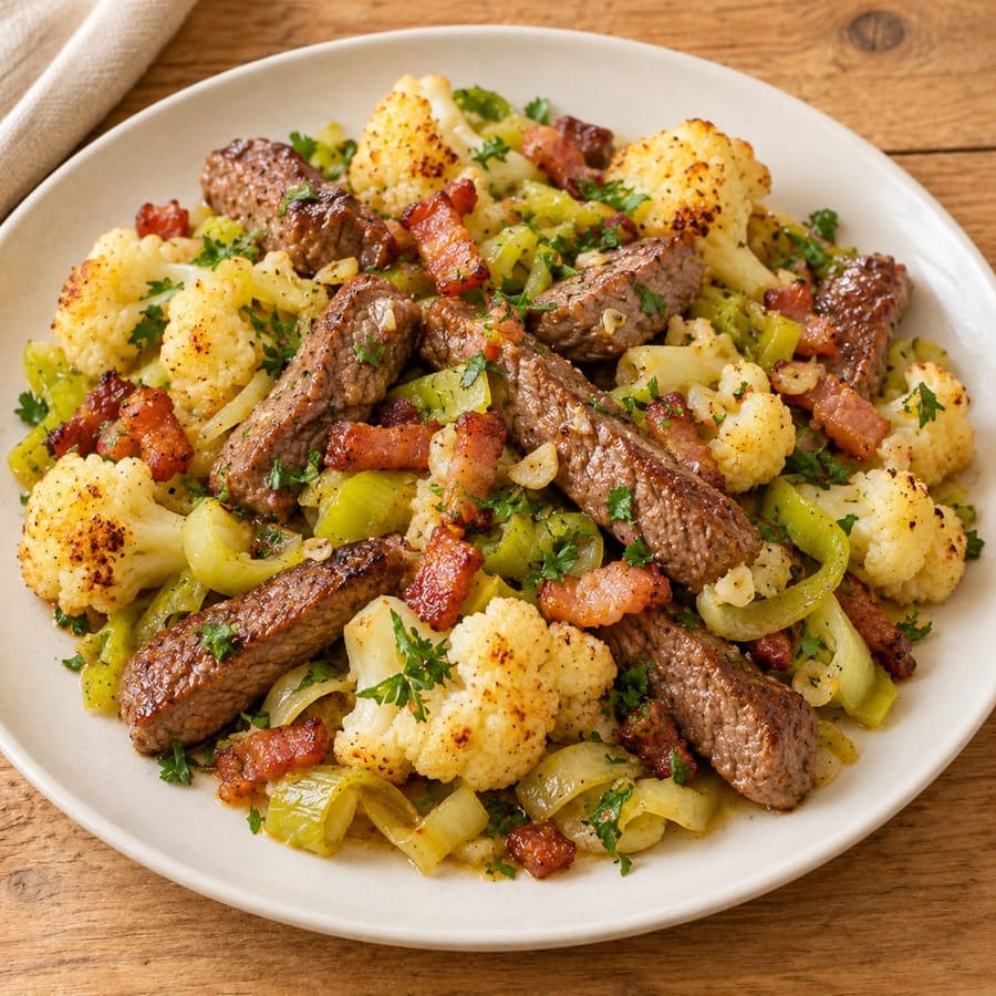 Gebratenes Rindersteak mit Blumenkohl und Lauch
