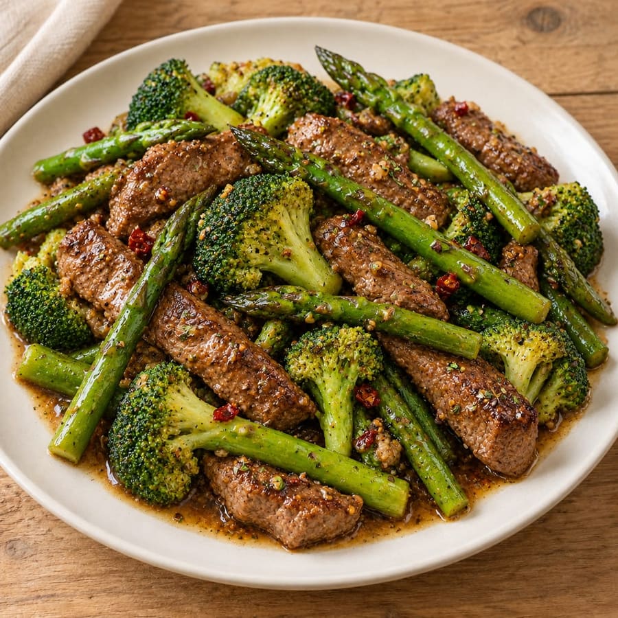 Rindfleisch-Pfanne mit grünem Spargel und Brokkoli